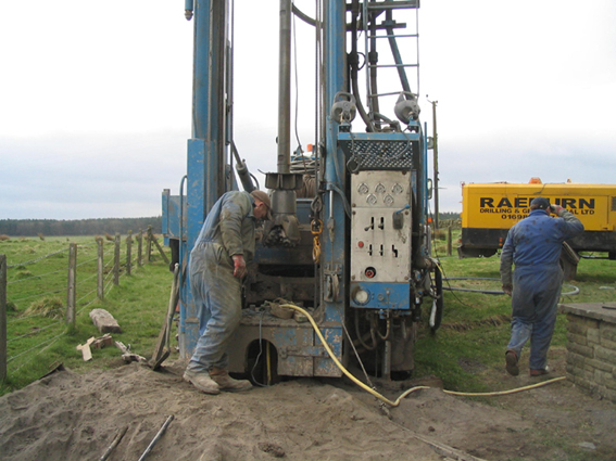 After drilling through the overburden and into rockhead the surface casing is installed and pressure grouted. Open loop geothermal borehole, Hadrian's Wall area 